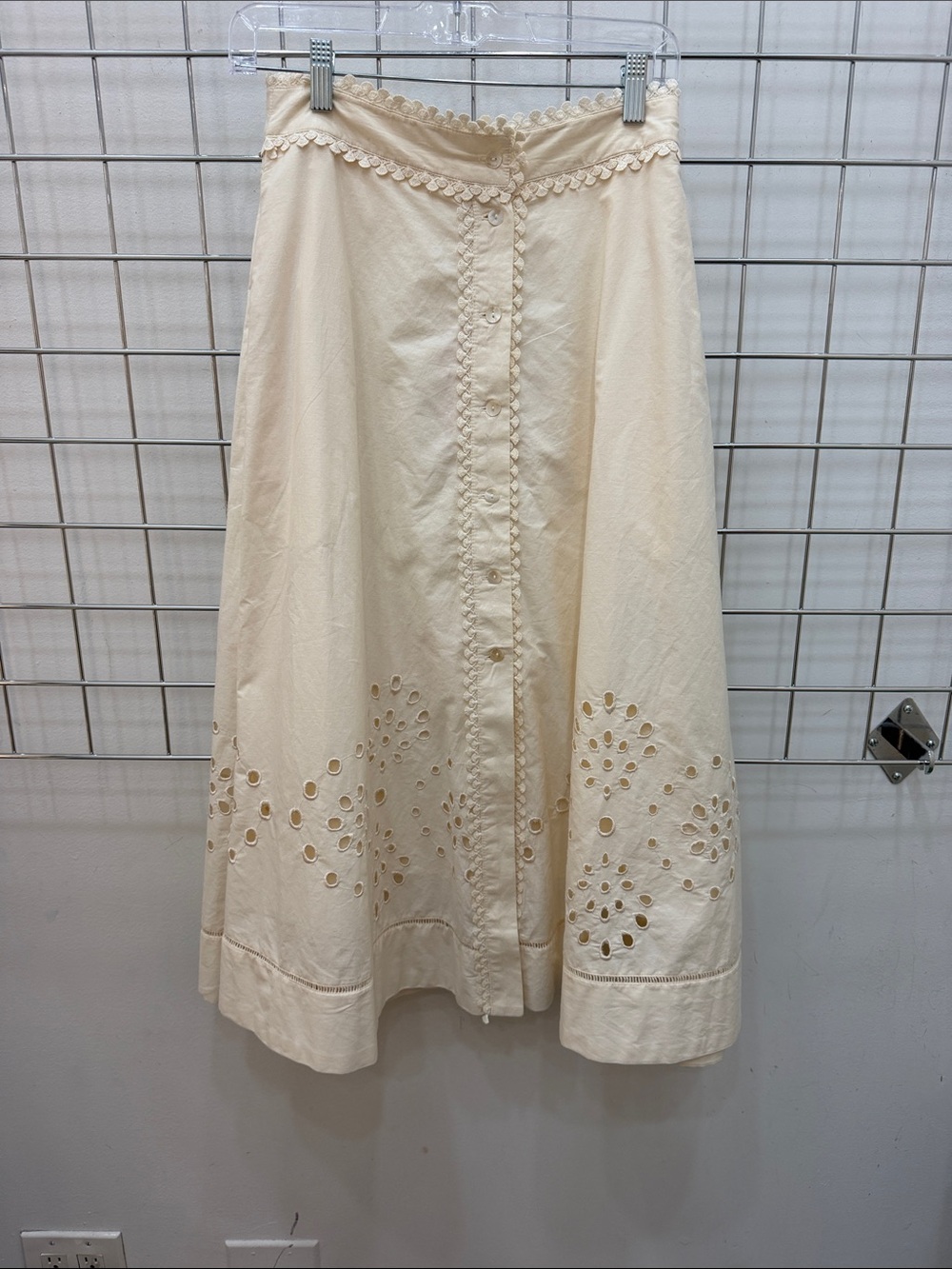 Avec Les Filles Cream Eyelet Button-Front A-Line Midi Skirt